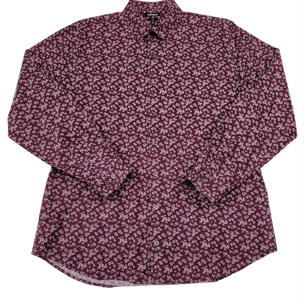 Men's Express Dark Red Burgundy, Long Sleeve Button Down Dress Shirt. XL 17 1/2